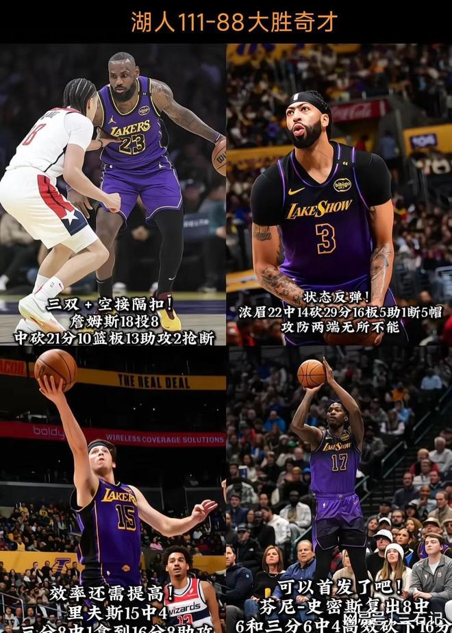 NBA湖人111-88大破奇才_浓眉哥29+16湖人送奇才十一连败_ps nba